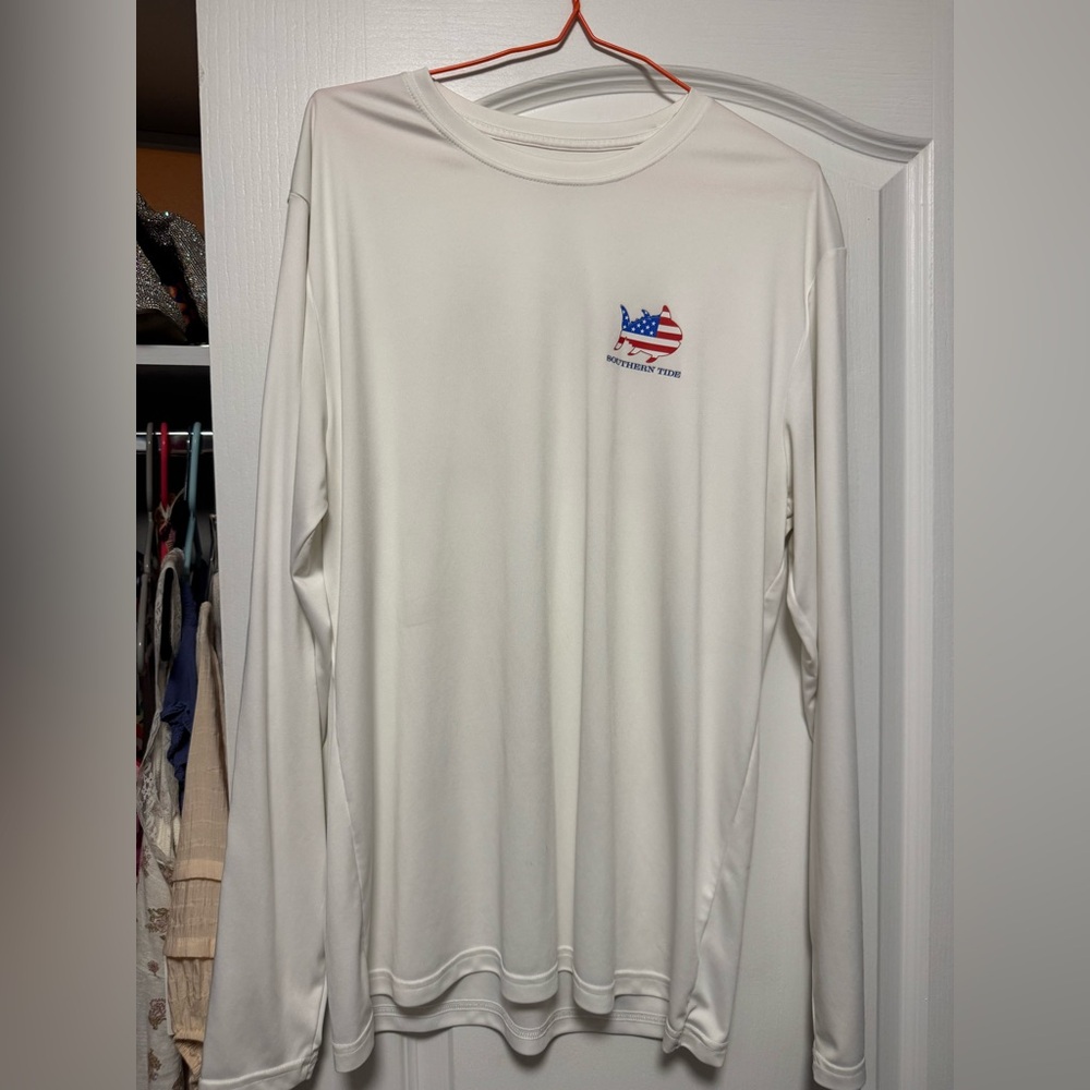 Southern Tide White Long-Sleeve Performance Tee with American Flag Logo
